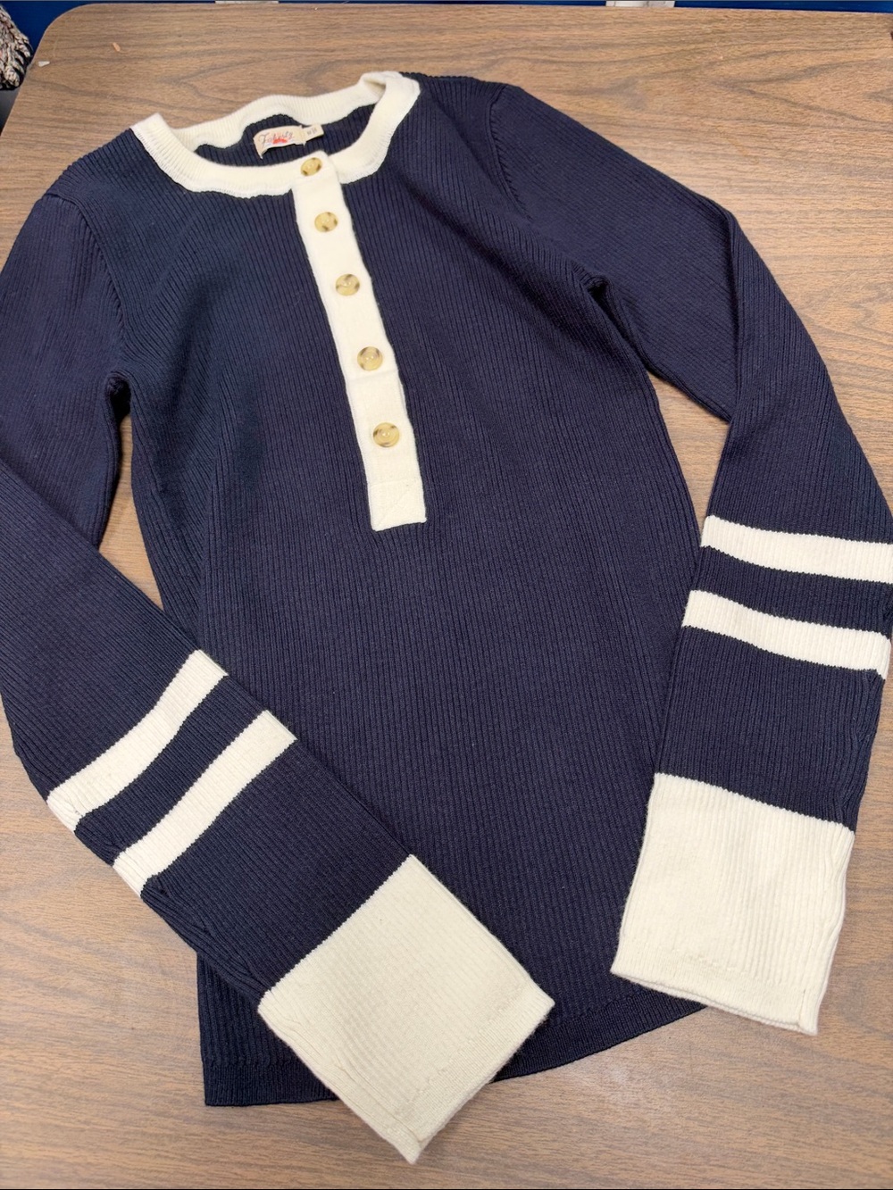 Faherty Navy Sweater with Cream Trim and Buttons